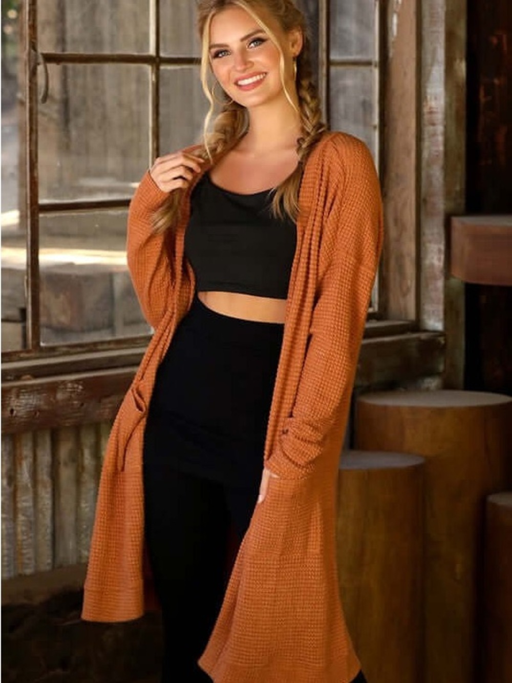 Becaal Waffle Weave Hooded Cardigan in Rust Orange | L